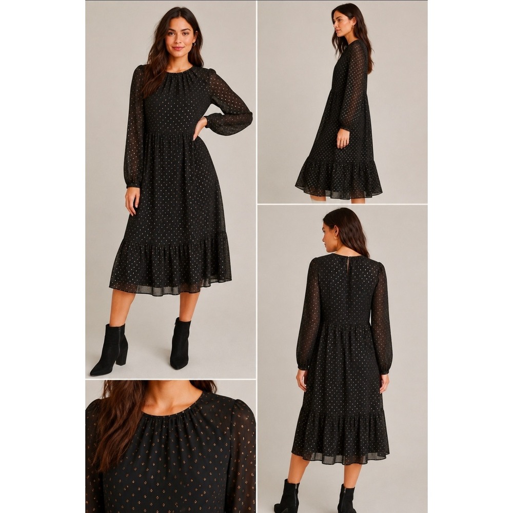Gap Black Gold Metallic Clip Dot Tiered Midi Dress Long Sleeve Size 4
